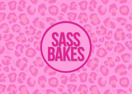 Pink Sass Bakes logo with pink leopard print background 